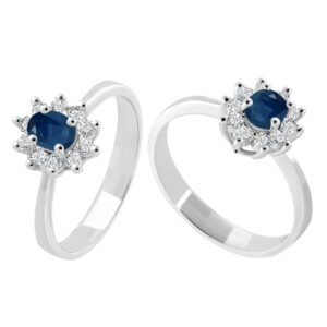 Sortija Oro Blanco 1 Zafiro Talla Oval 10 Diamantes Talla Brillante.