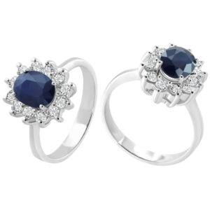 Sortija Oro Blanco 1 Zafiro Talla Oval 12 Diamantes Talla Brillante