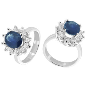 Sortija Oro Blanco 1 Zafiro Talla Oval 12 Diamantes Talla Brillante.