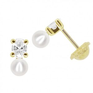 Pendiente de Oro con Circonita Oval y Perla