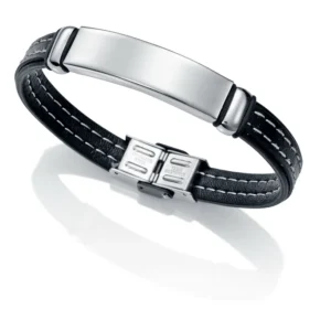 Pulsera Acero y Piel Negra con Beige.