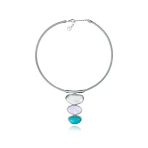 Collar de Acero Chapado en Plata ,Madre Perla y Piedra Natural.